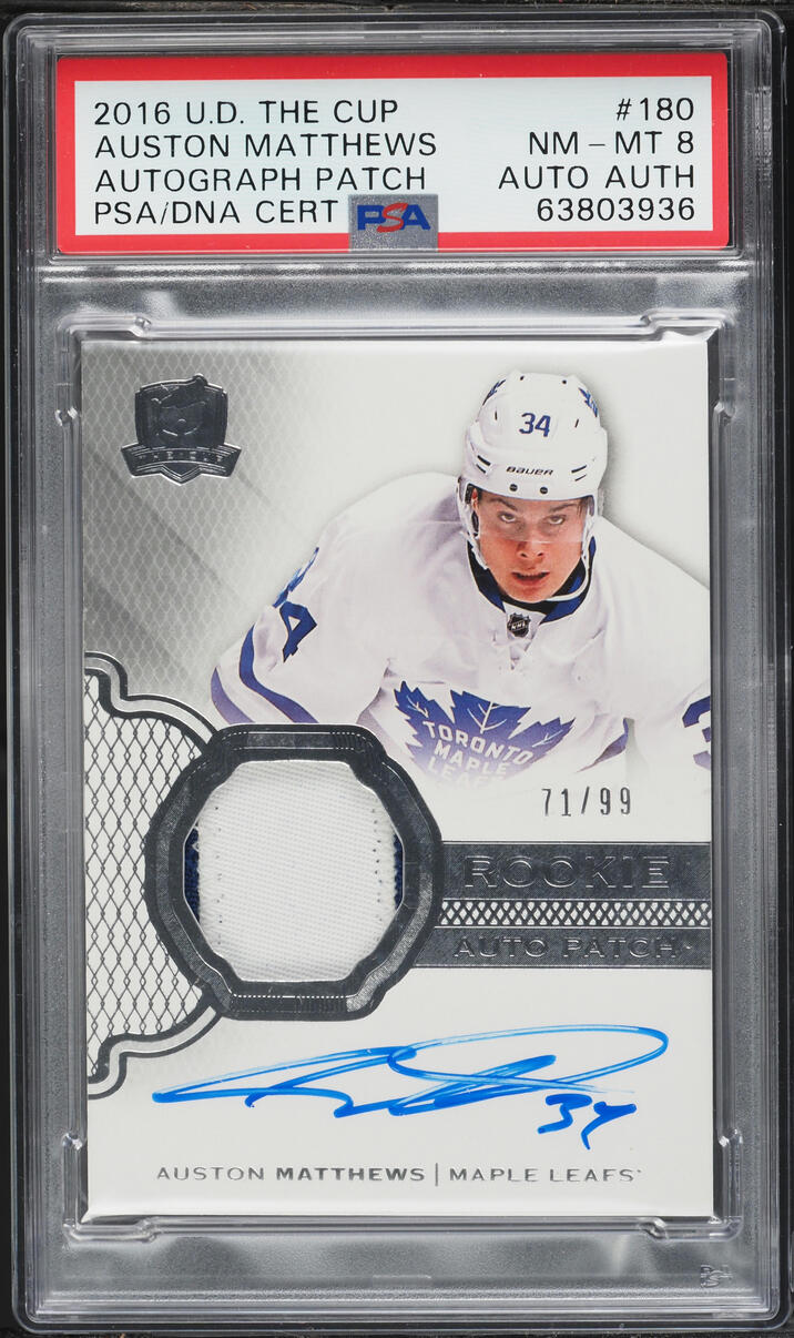2016 Upper Deck The Cup Auston Matthews ROOKIE PATCH AUTO /99 #180 PSA 8 NM-MT