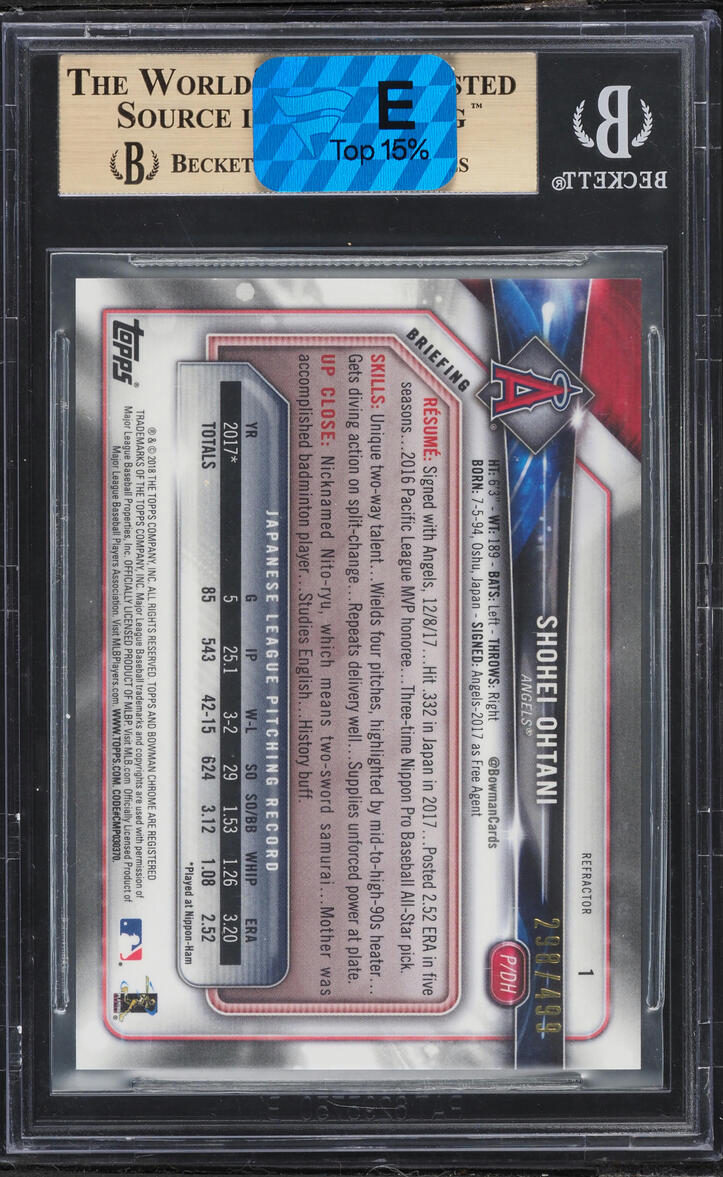2018 Bowman Chrome Refractor Shohei Ohtani ROOKIE /499 #1 BGS 9.5 GEM MINT