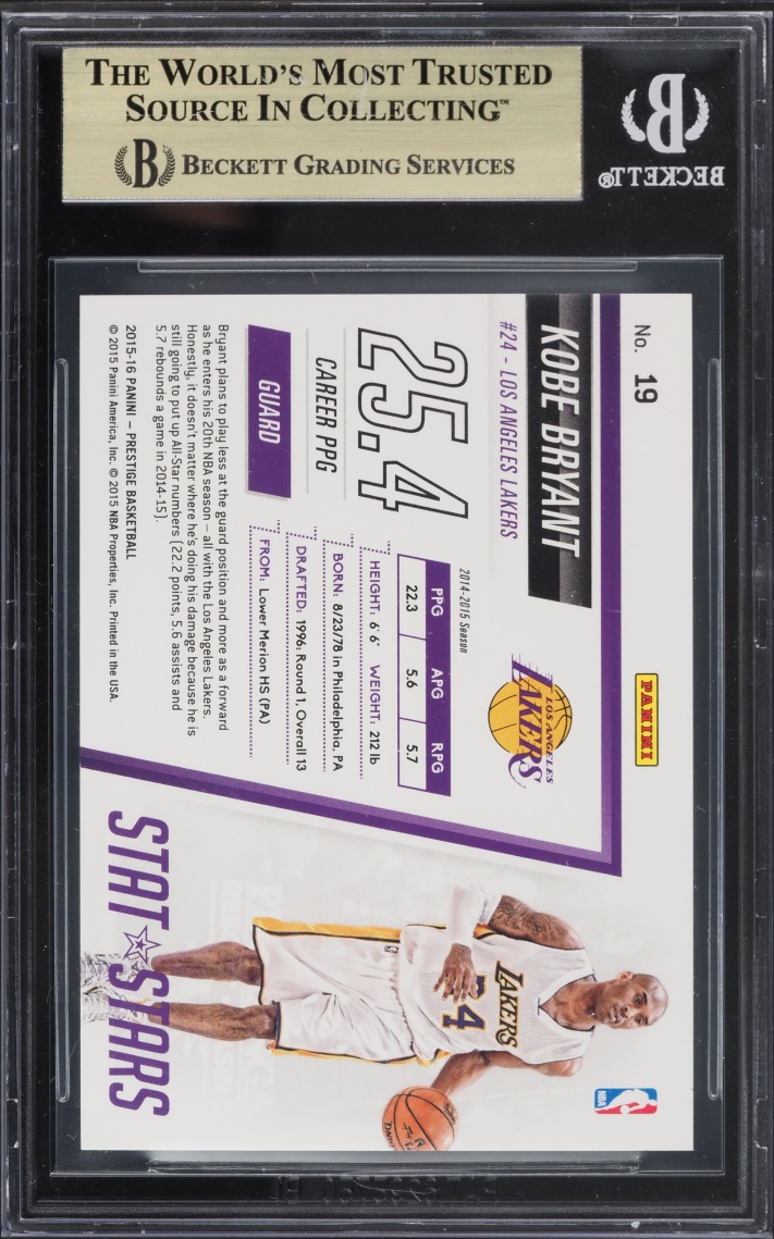 2015 Panini Prestige Stat Stars Checkerboard Kobe Bryant /99 #19 BGS 9.5 GEM MINT