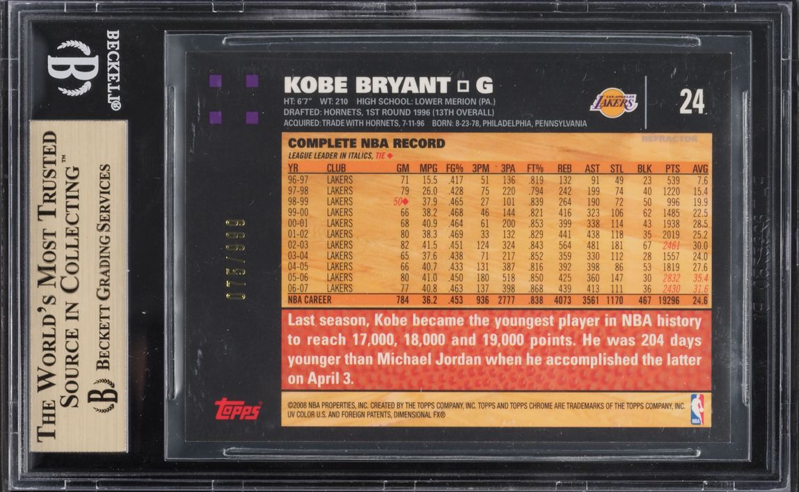 2007 Topps Chrome Refractor Kobe Bryant /999 #24 BGS 9.5 GEM MINT