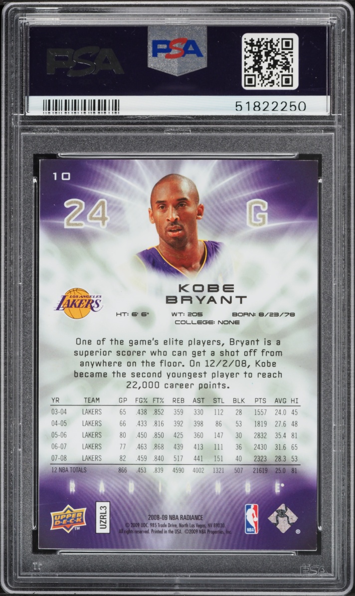 2008 Upper Deck Radiance Kobe Bryant /299 #10 PSA 9 MINT