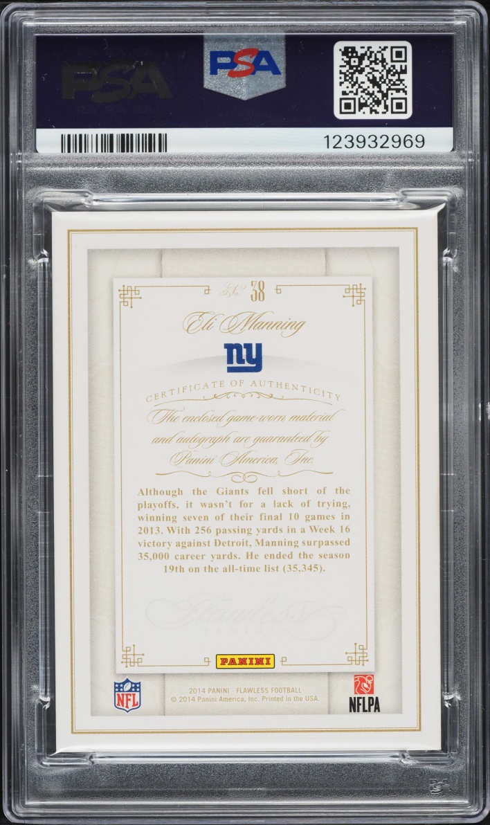 2014 Panini Flawless Ruby Eli Manning PATCH AUTO DNA 10 /15 #38 PSA 10 GEM MINT - Photo 2