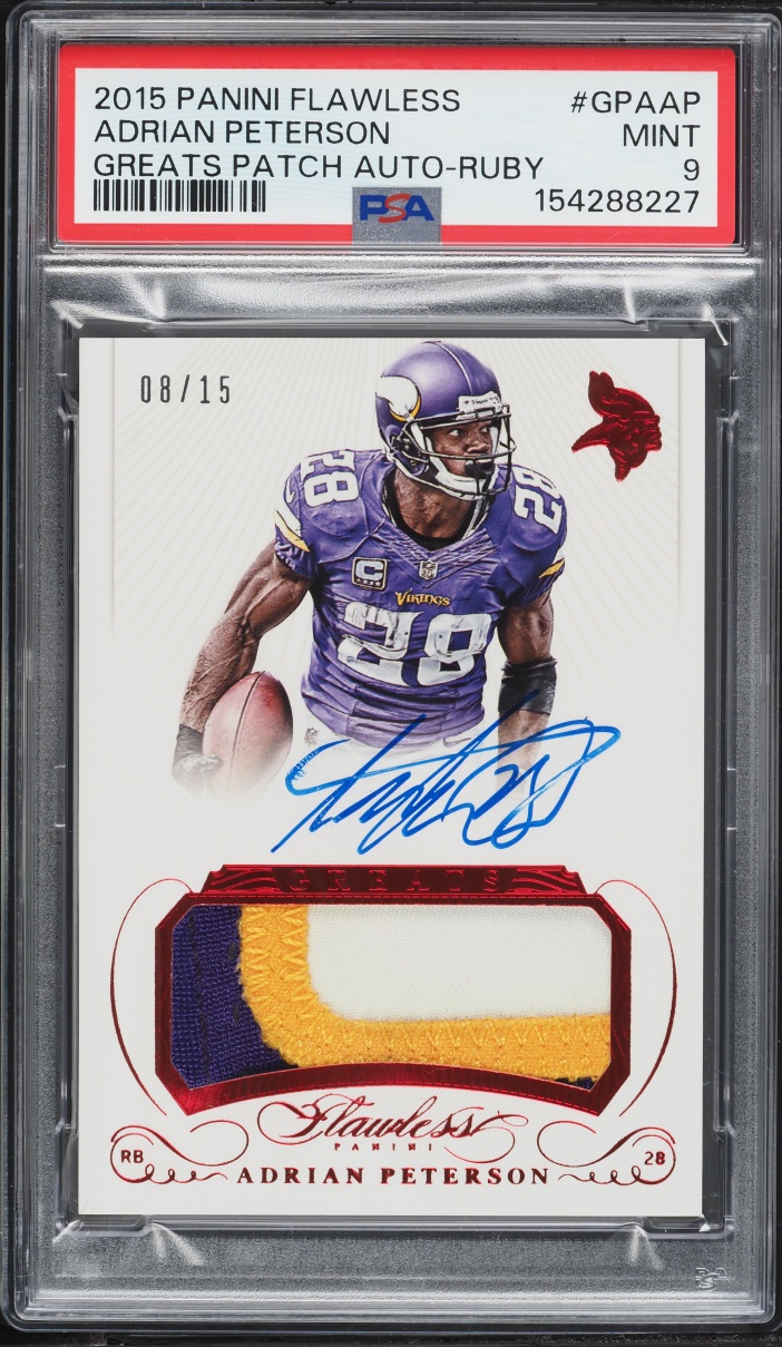 2015 Panini Flawless Greats Ruby Adrian Peterson PATCH AUTO /15 #GPA-AP PSA 9 MINT - Photo 1