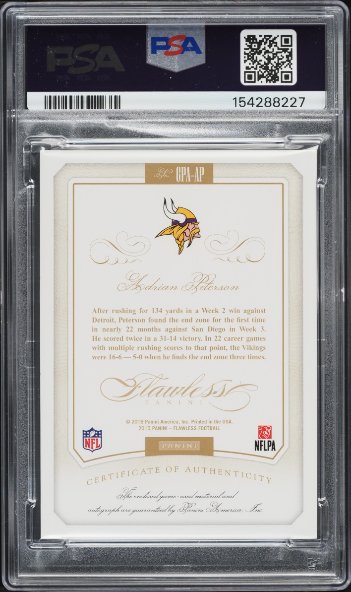 2015 Panini Flawless Greats Ruby Adrian Peterson PATCH AUTO /15 #GPA-AP PSA 9 MINT - Photo 2