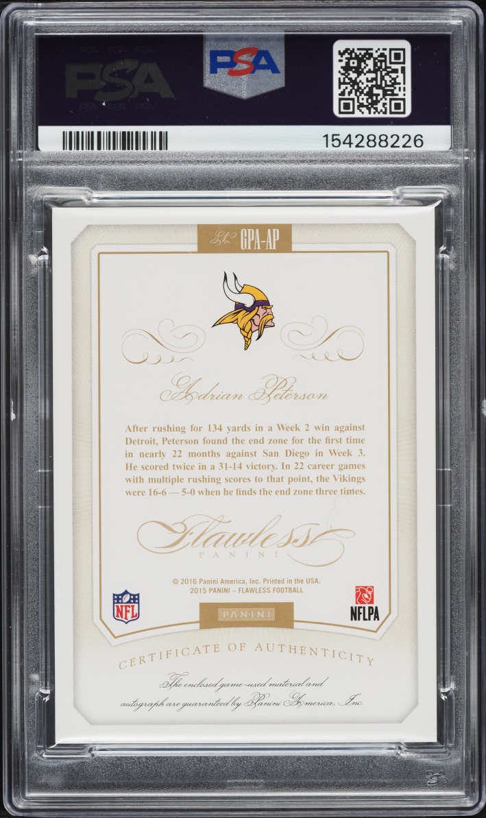 2015 Panini Flawless Greats Adrian Peterson PATCH AUTO /25 #GPA-AP PSA 10 GEM MINT - Photo 2