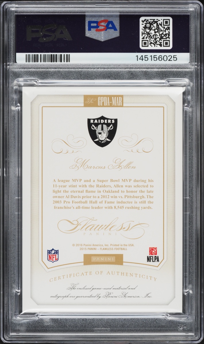 2015 Panini Flawless Greats Dual Gold Marcus Allen PATCH AUTO /10 #GPDA-MAR PSA 10 GEM MINT - Photo 2