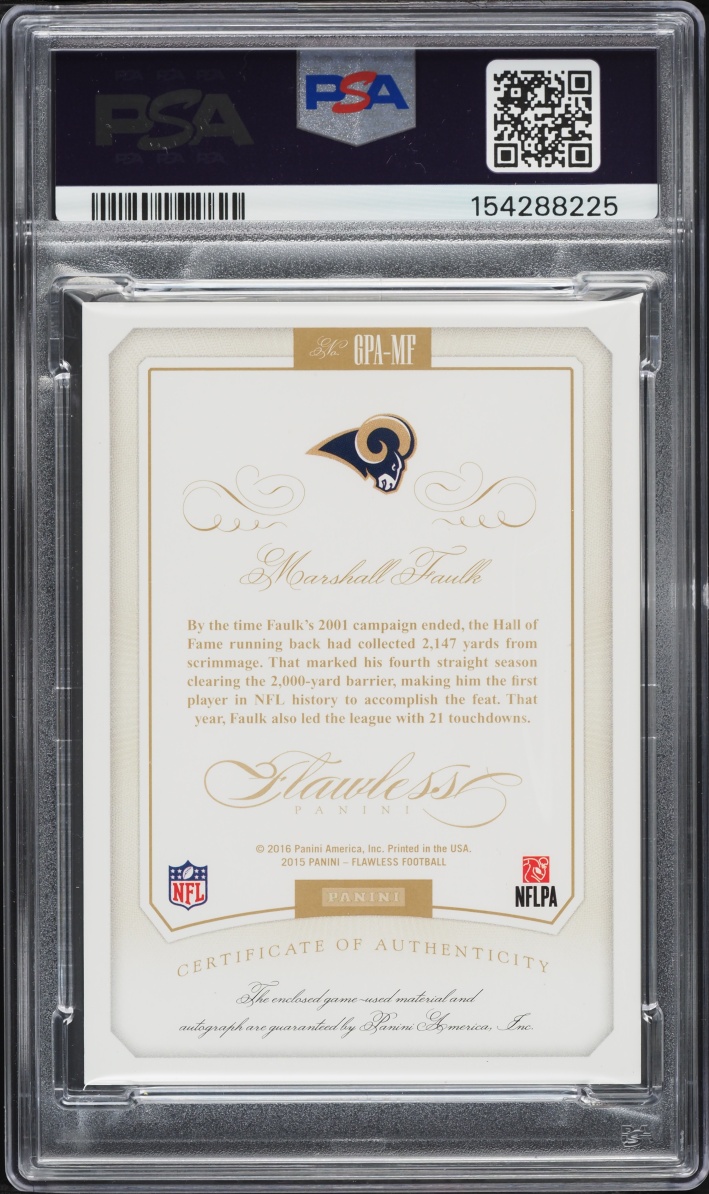 2015 Panini Flawless Greats Gold Marshall Faulk PATCH AUTO /10 #GPA-MF PSA 9 MINT - Photo 2
