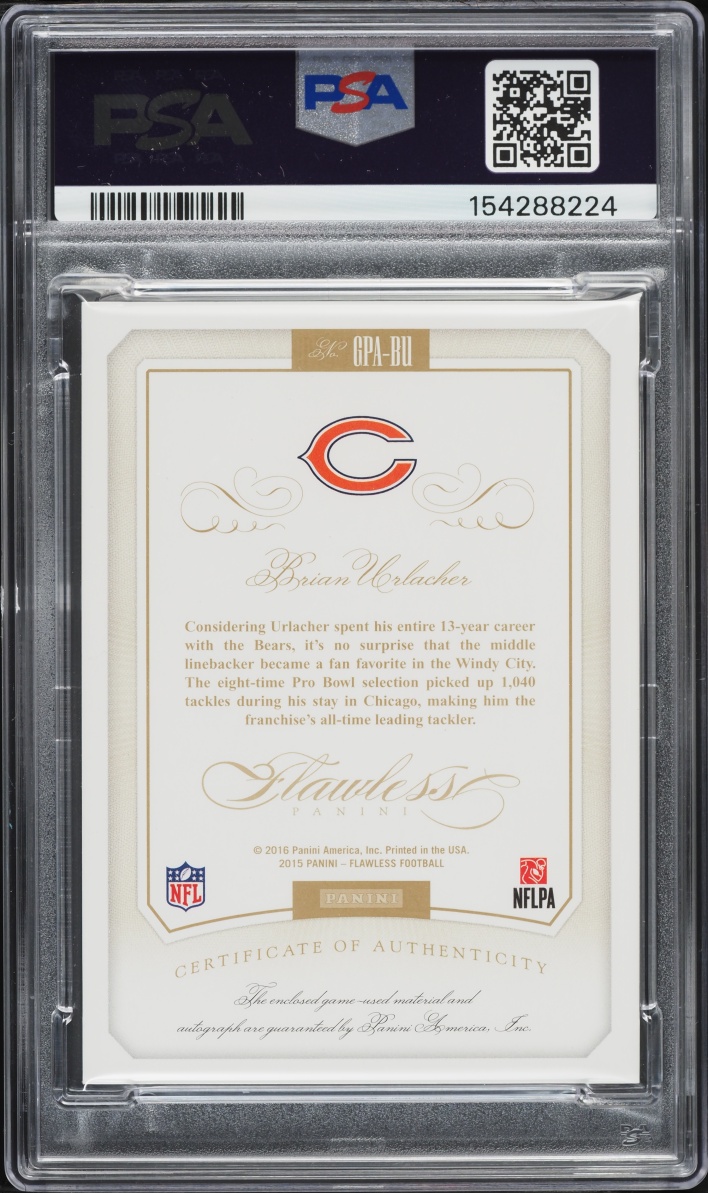 2015 Panini Flawless Greats Emerald Brian Urlacher PATCH AUTO /5 #GPA-BU PSA 10 GEM MINT - Photo 2