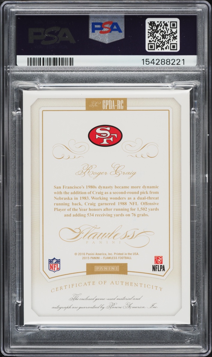 2015 Panini Flawless Greats Dual Gold Roger Craig PATCH AUTO /10 #GPDA-RC PSA 10 GEM MINT - Photo 2