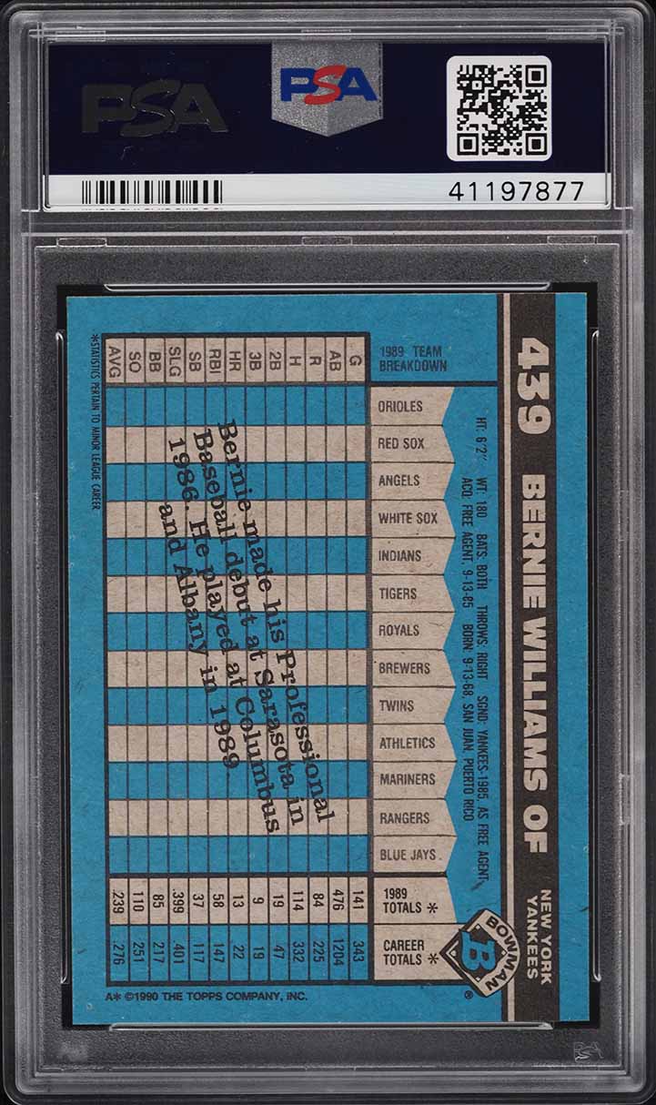 1990 Bowman Bernie Williams ROOKIE #439 PSA 8 NM-MT