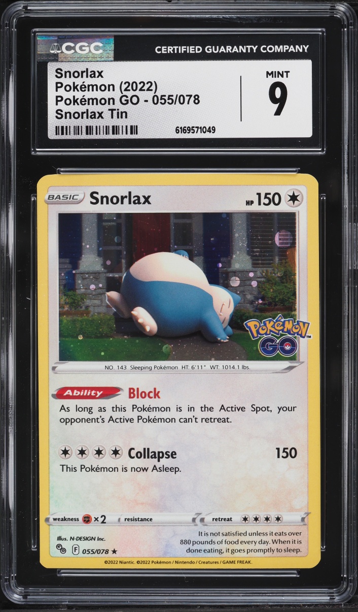 2022 Pokemon Sword & Shield Pokemon GO Tin Holo Snorlax #55 CGC 9 MINT