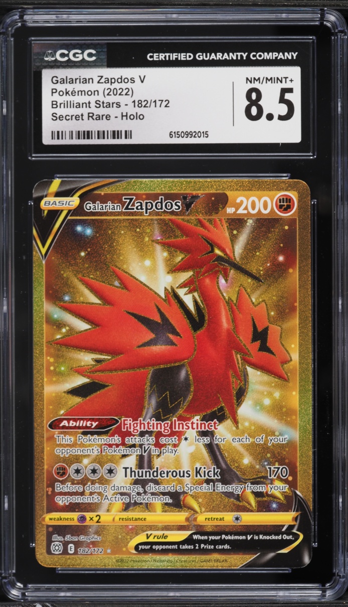 2022 Pokemon Sword & Shield Brilliant Stars Gold Rare Galarian Zapdos V #182 CGC 8.5 NM-MT+