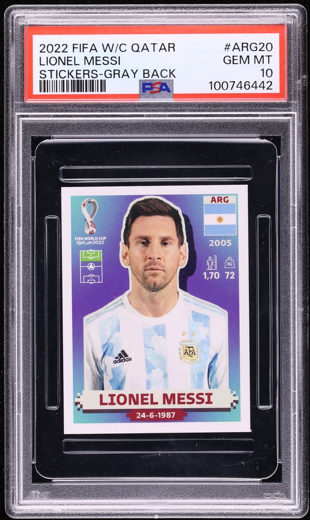 2022 Panini FIFA World Cup Stickers Lionel Messi #ARG20 PSA 10 GEM MINT