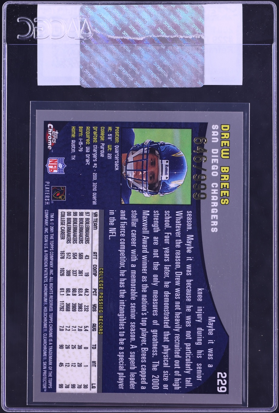 2001 Topps Chrome Refractor Drew Brees ROOKIE /999 #229 CGC AUTH - Photo 2