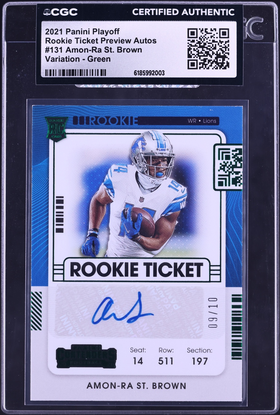 2021 Panini Playoff Ticket Preview Green Amon-Ra St. Brown ROOKIE AUTO /10 #131 CGC AUTH