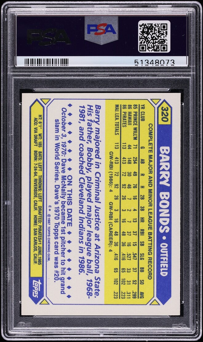1987 Topps Tiffany Barry Bonds ROOKIE #320 PSA 10 GEM MINT