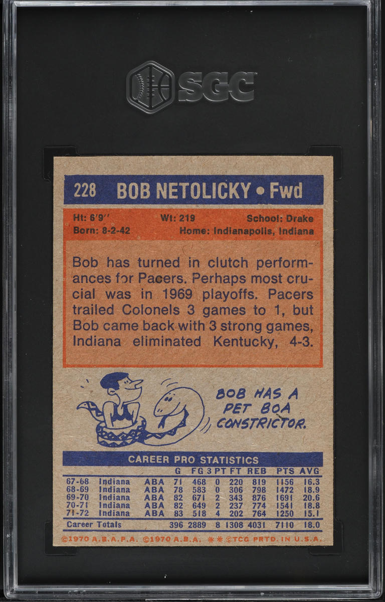 1972 Topps Basketball Bob Netolicky #228 SGC 6 EXMT