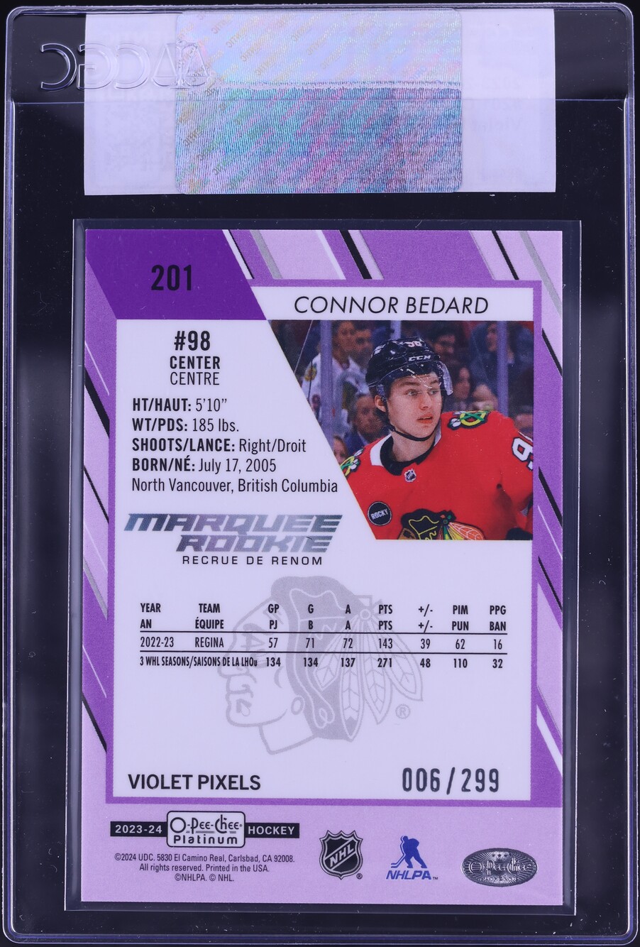 2023 O-Pee-Chee Platinum Violet Pixels Connor Bedard ROOKIE /299 #201 CGC AUTH