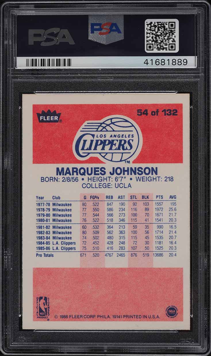 1986 Fleer Basketball Marques Johnson #54 PSA 9 MINT