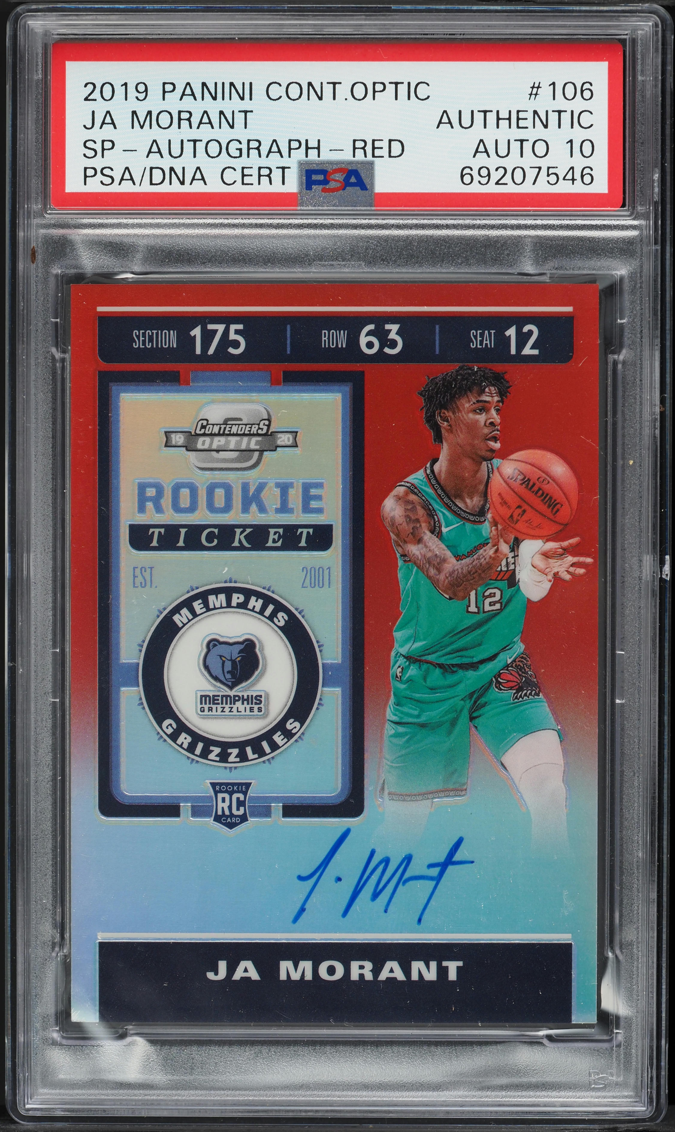2019 Panini Contenders Optic Red Ja Morant ROOKIE AUTO DNA 10 /149