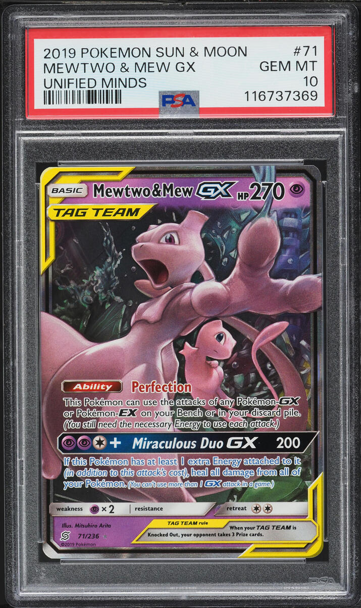2019 Pokemon Sun & Moon Unified Minds Mewtwo & Mew GX #71 PSA 10 GEM MINT
