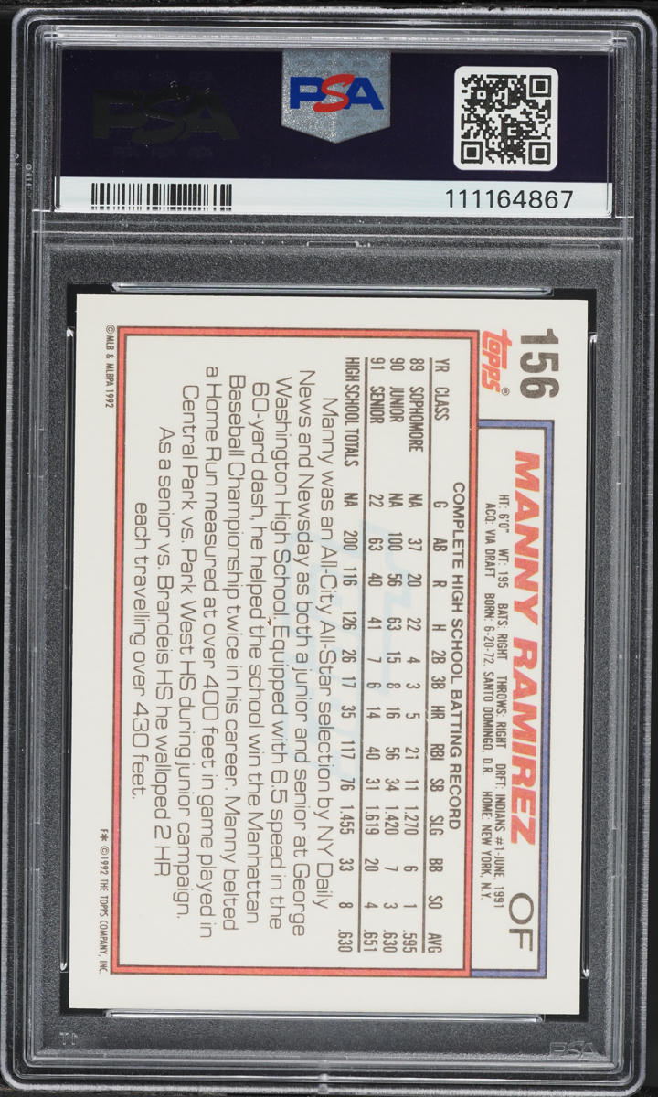1992 Topps Manny Ramirez ROOKIE #156 PSA 10 GEM MINT