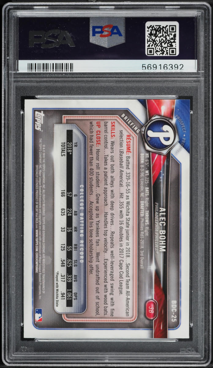 2018 Bowman Chrome Draft Alec Bohm PROSPECT #BDC-25 PSA 10 GEM MINT