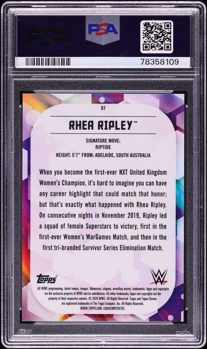 2020 Topps Chrome WWE Orange Refractor Rhea Ripley ROOKIE /25 #97 PSA 10 GEM MINT