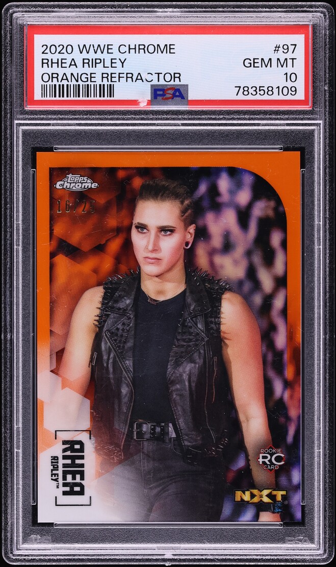 2020 Topps Chrome WWE Orange Refractor Rhea Ripley ROOKIE /25 #97 PSA 10 GEM MINT