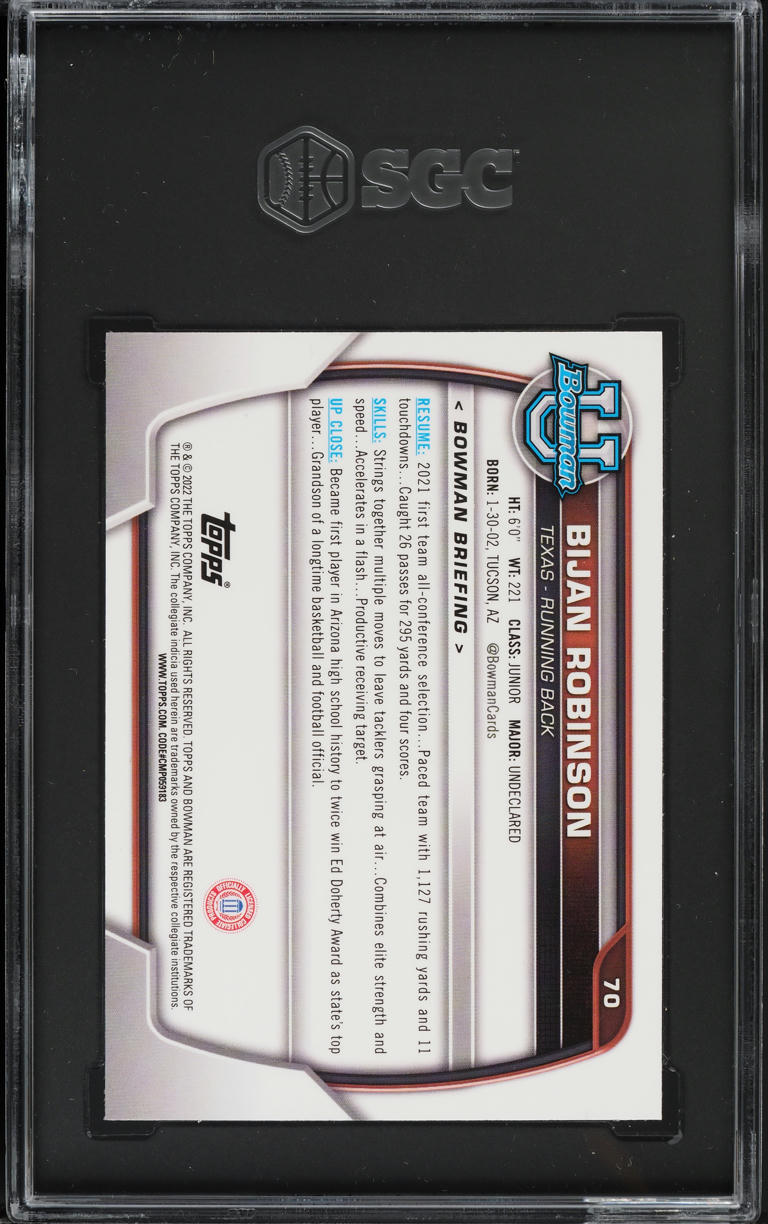 2022 Bowman Chrome University Purple Refractor Bijan Robinson ROOKIE #70 SGC 9