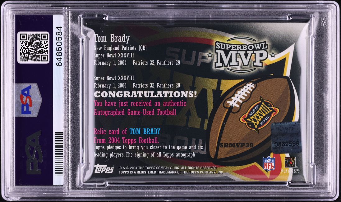 2004 Topps Super Bowl XXXVIII MVP Tom Brady RELIC AUTO DNA 9 JSY # 12/99 PSA 8