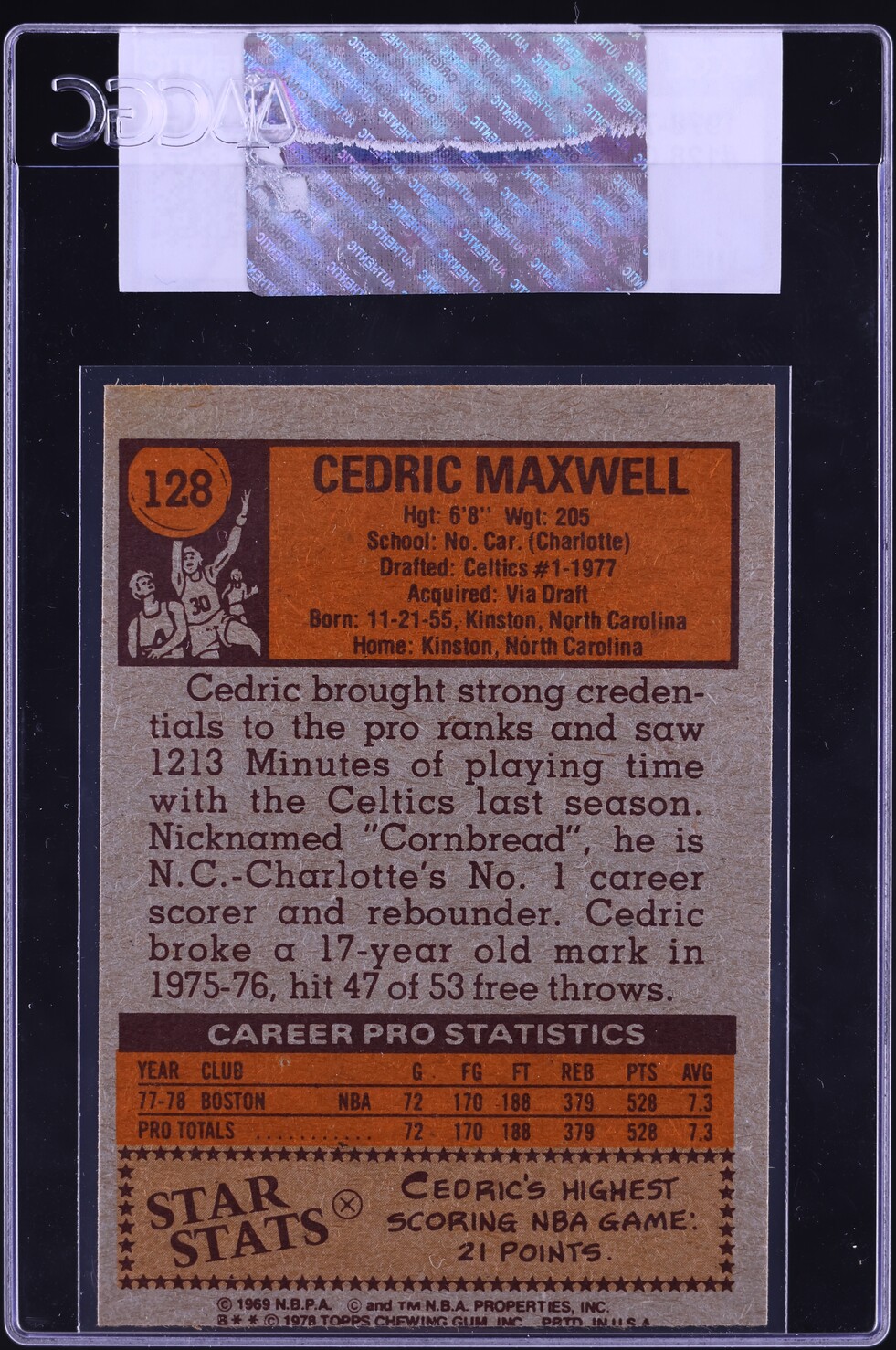 1978 Topps Basketball Cedric Maxwell ROOKIE #128 CGC AUTH