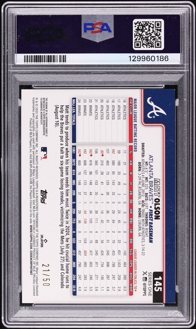 2025 Topps Gold Foil Matt Olson AUTO DNA 10 /50 #145 PSA 8 NM-MT