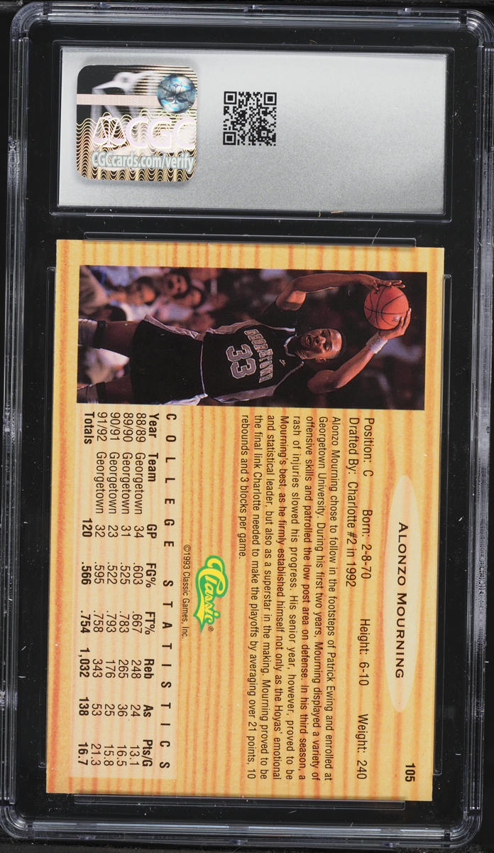 1993 Classic Draft Alonzo Mourning #105 CGC 7.5 NRMT+