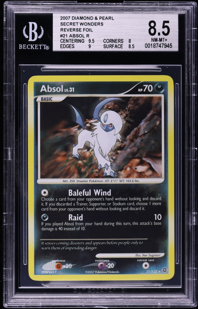 2007 Pokemon Diamond & Pearl Secret Wonders Reverse Foil Absol #21 BGS 8.5 NM-MT+