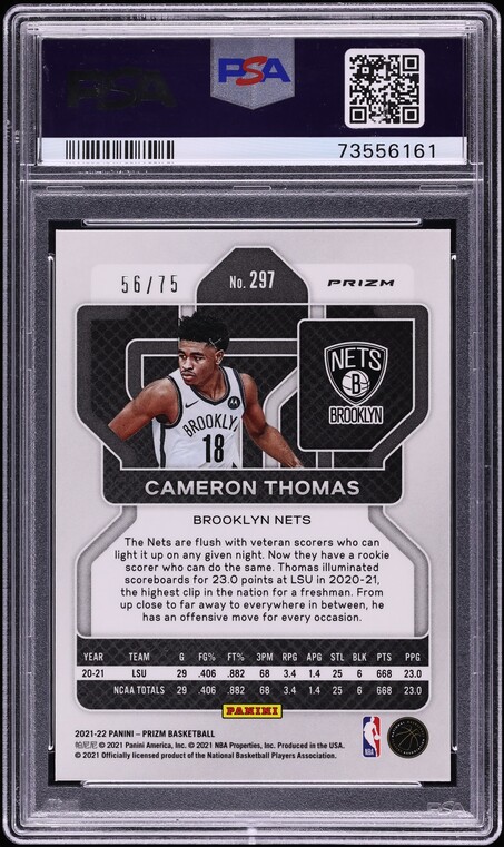2021 Panini Prizm NBA 75th Diamond Cameron Thomas ROOKIE /75 #297 PSA 10 GEM MINT