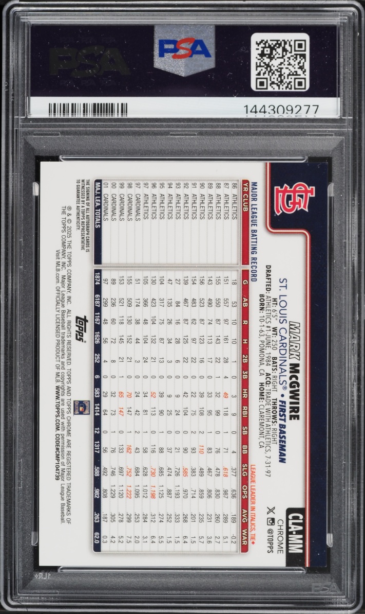 2025 Topps Chrome Legend Black Refractor Mark McGwire AUTO /10 #CLA-MM PSA 10 GEM MINT