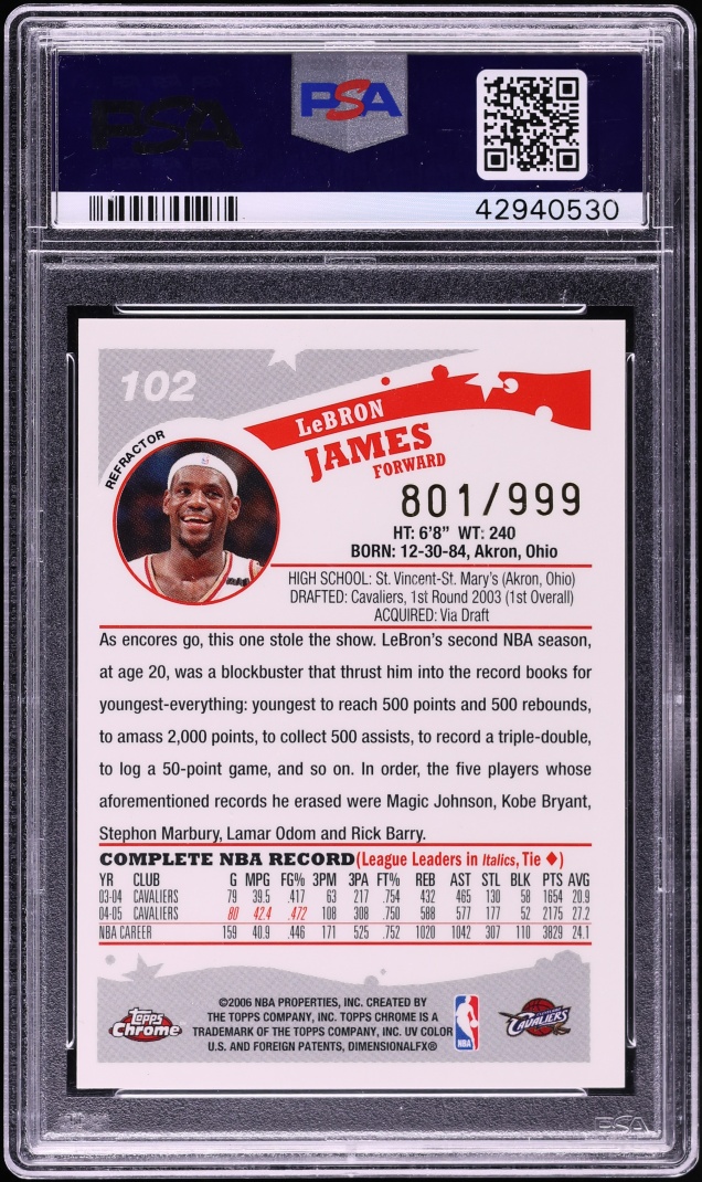 2005 Topps Chrome Refractor LeBron James /999 #102 PSA 10 GEM MINT