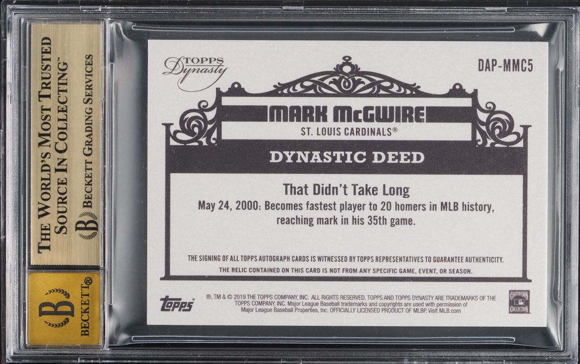 2019 Topps Dynasty Mark McGwire PATCH AUTO /10 #DAP-MMC5 BGS 9.5 GEM MINT