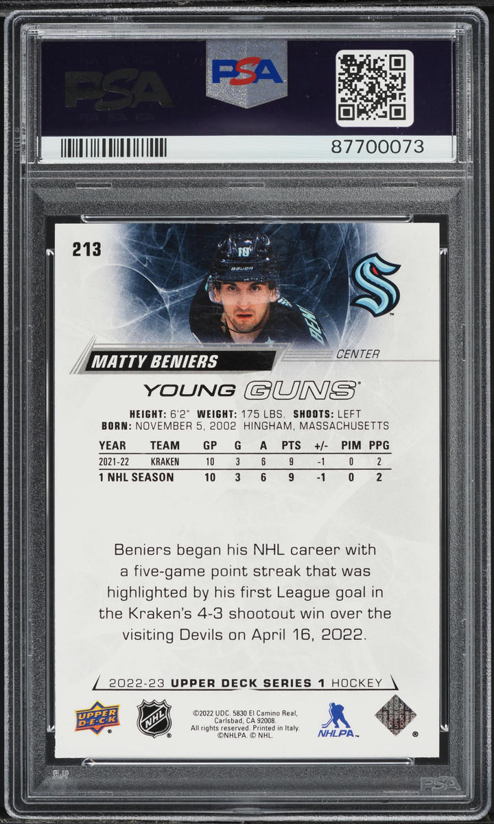 2022 Upper Deck Young Guns Matty Beniers ROOKIE AUTO DNA 10 #213 PSA 9 MINT