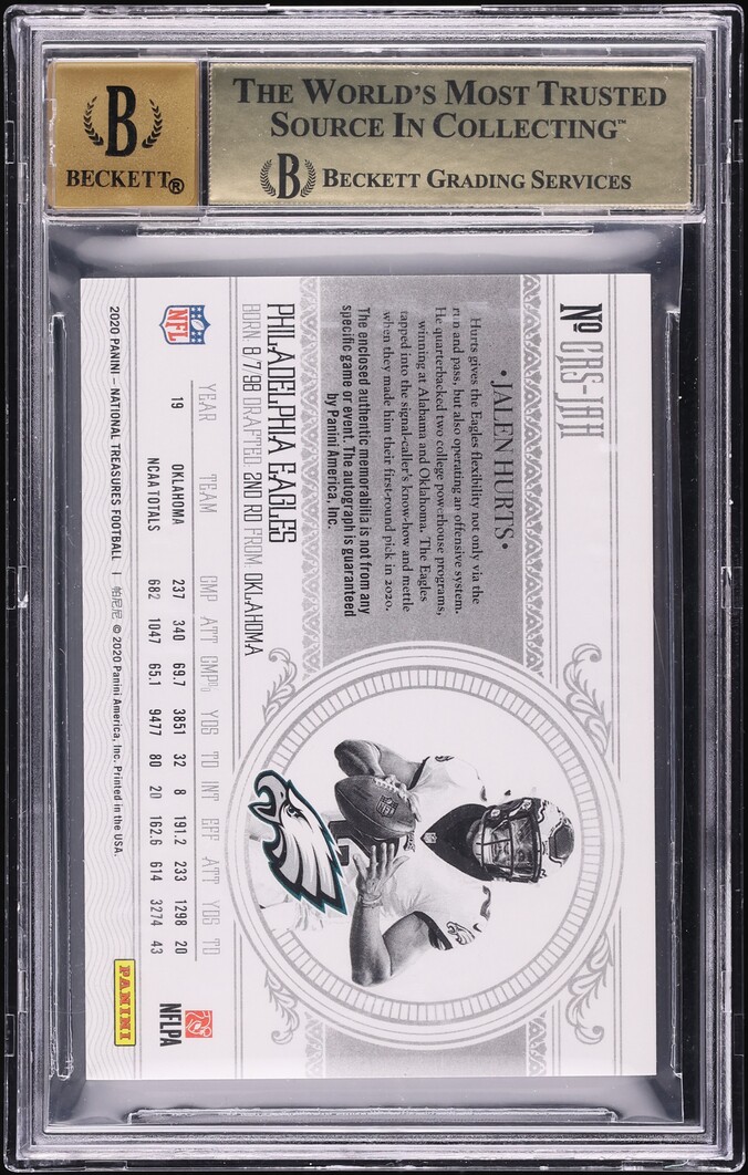 2020 National Treasures Crossover Holo Gold Jalen Hurts ROOKIE PATCH AUTO /25 BGS 9.5 GEM MINT - Photo 2