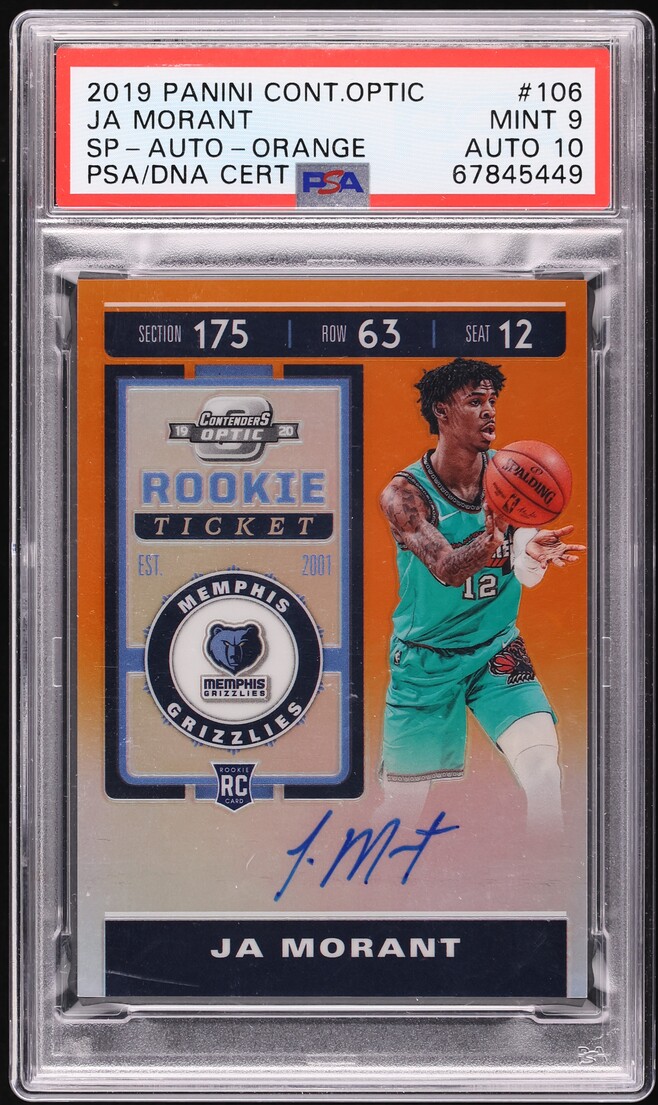 2019 Panini Contenders Optic Orange Ja Morant SP ROOKIE AUTO DNA 10 /25 #106 PSA 9 MINT - Photo 1