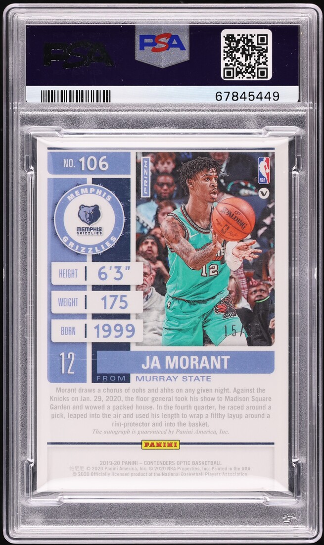 2019 Panini Contenders Optic Orange Ja Morant SP ROOKIE AUTO DNA 10 /25 #106 PSA 9 MINT - Photo 2