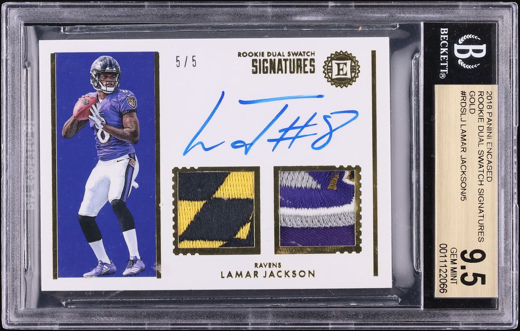 2018 Panini Encased Dual Gold Lamar Jackson ROOKIE PATCH AUTO 5/5 #RDS-LJ BGS 9.5 GEM - Photo 1