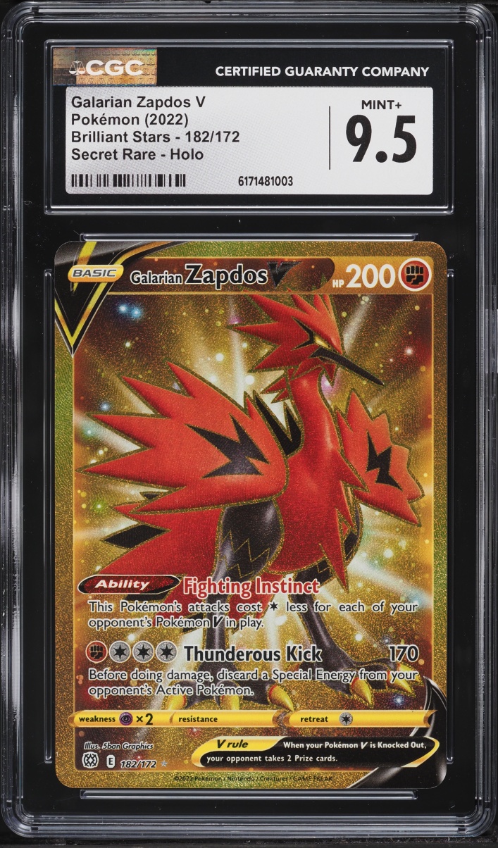 2022 Pokemon Sword & Shield Brilliant Stars Gold Rare Galarian Zapdos V #182 CGC 9.5 MINT+