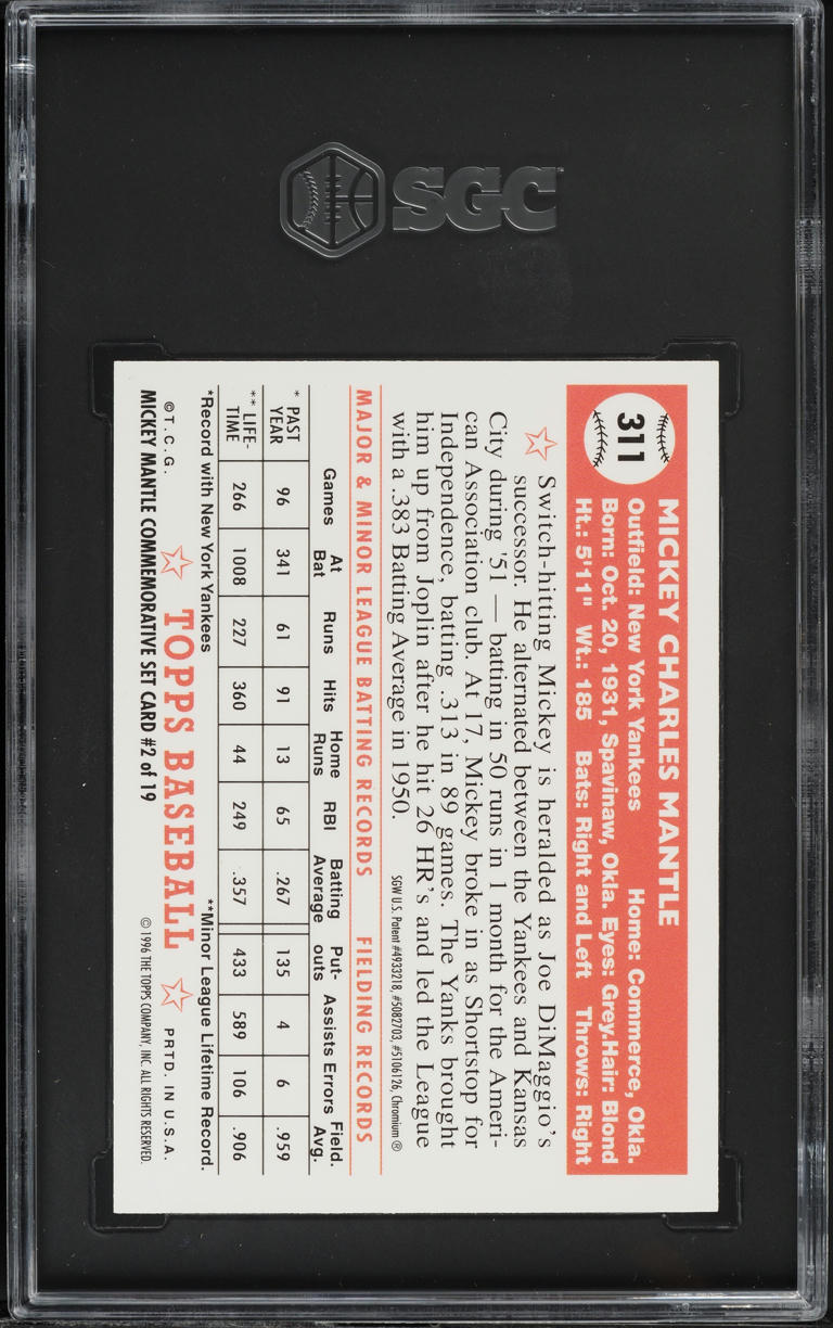 1996 Topps Finest Reprint Mickey Mantle #2 SGC 7 NRMT