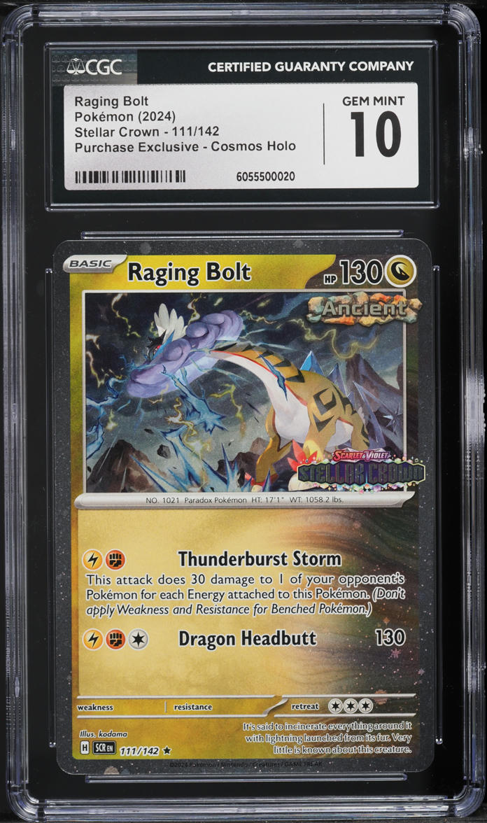 2024 Pokemon Sword & Shield Stellar Crown Exclusive Cosmos Holo Raging Bolt #111 CGC 10 GEM