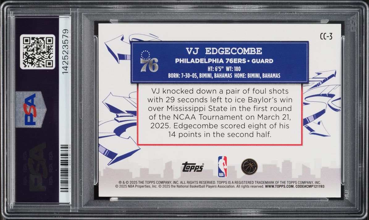 2025 Topps Clutch City Prospects VJ Edgecombe ROOKIE #CC-3 PSA 10 GEM MINT