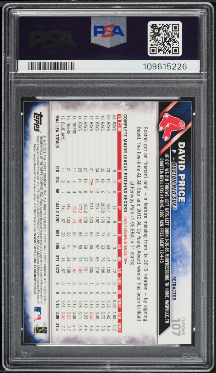 2016 Topps Chrome Refractor David Price #107 PSA 10 GEM MINT