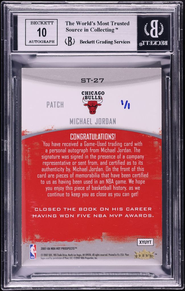 2007 Fleer Hot Prospects Stat Tracker Blue Michael Jordan PATCH AUTO 1/1 #27 BGS 8.5 NM-MT+